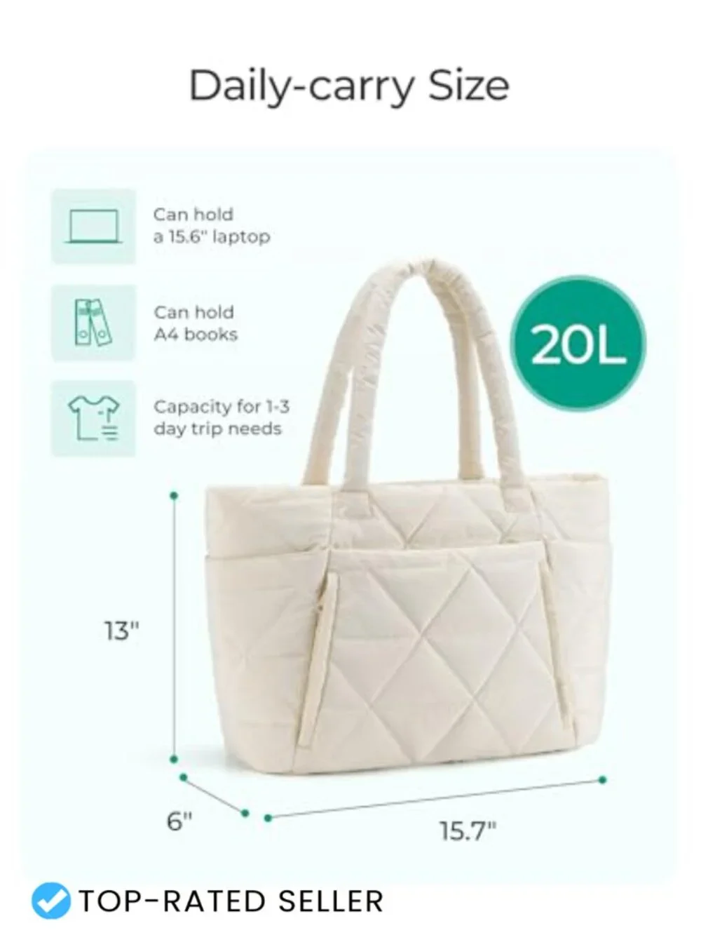 Large Quilted Puffer Tote Bag with Laptop Compartment, Zipper Closure